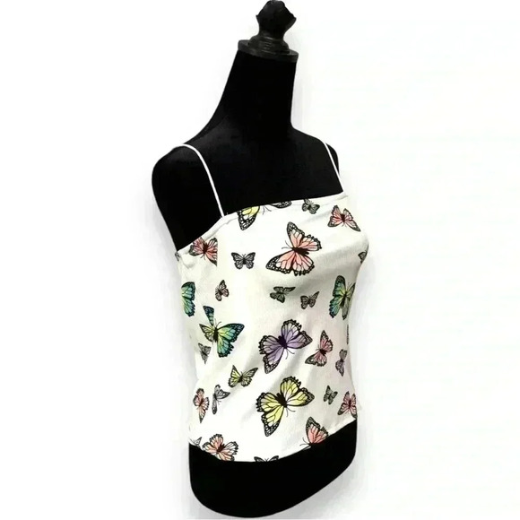 Faded Rose White Cord Spaghetti Strap Y2K MultiColor Butterfly print Crop Tank - Picture 10 of 15